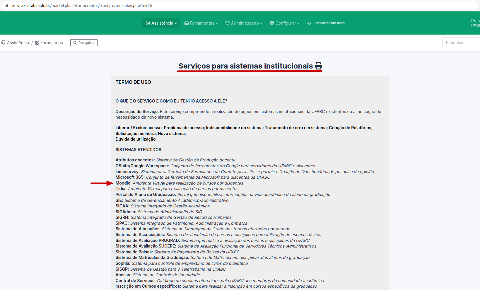 Captura de tela da Central de Serviços da UFABC mostrando o item serviços para sistemas institucionais.