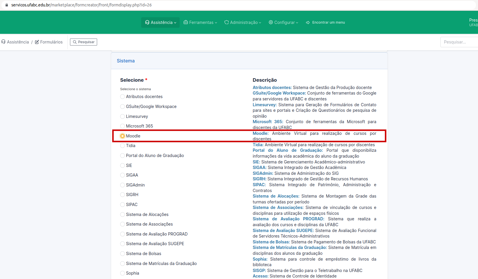 Captura de tela da Central de Serviços da UFABC mostrando a opção de sistema Moodle selecionada