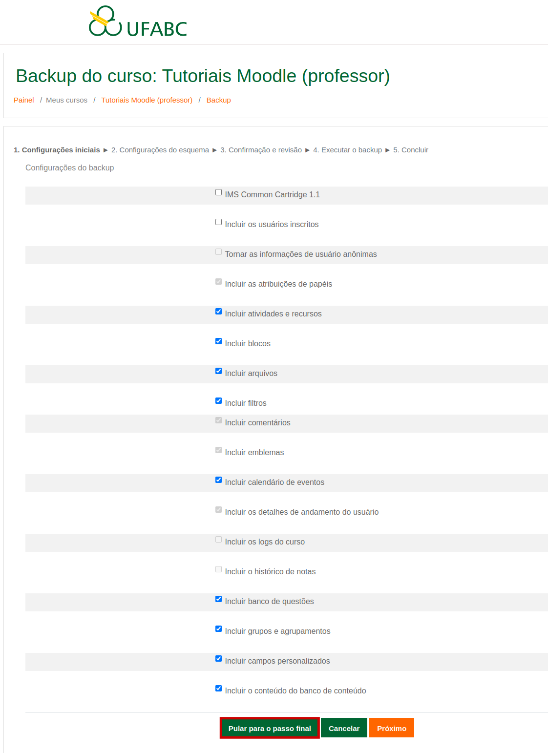 Captura de tela demonstrando o procedimento descrito acima conforme as configurações recomendadas.