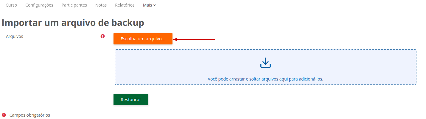 Imagem mostrando a área de importação, com as opções: arrastando na área demarcada ou clicando em Escolha um arquivo.