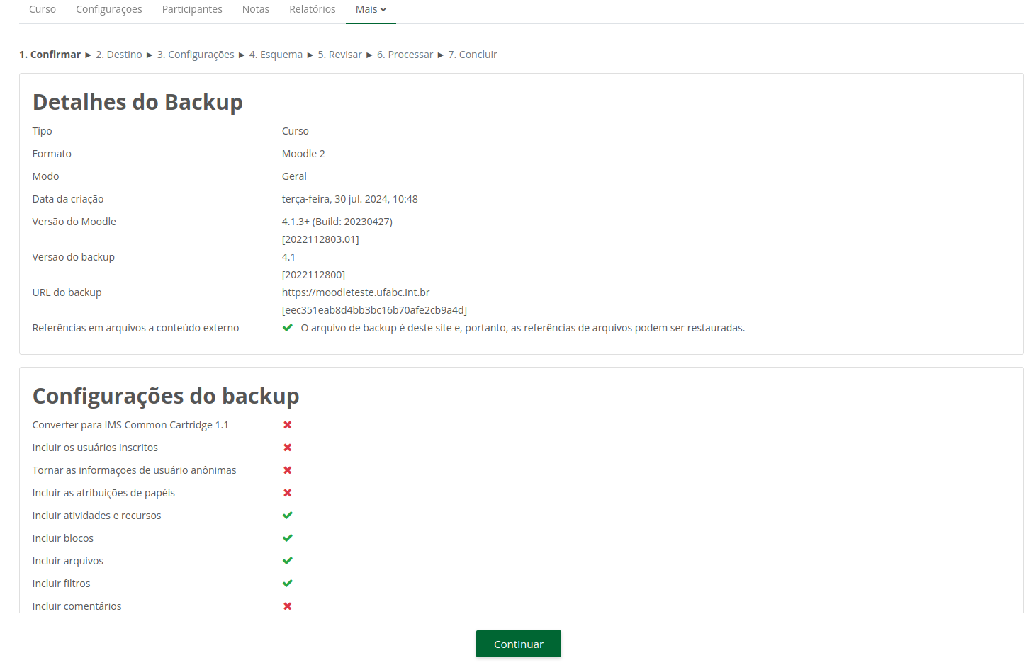 Captura de tela mostrando os detalhes do backup com o resumo do curso a ser restaurado. 