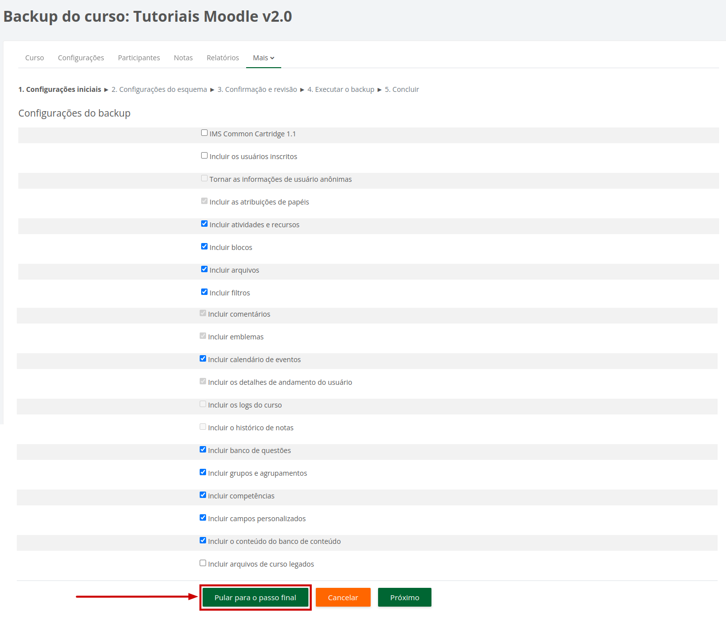 Captura de tela demonstrando o procedimento descrito acima com as configurações recomendadas selecionadas.