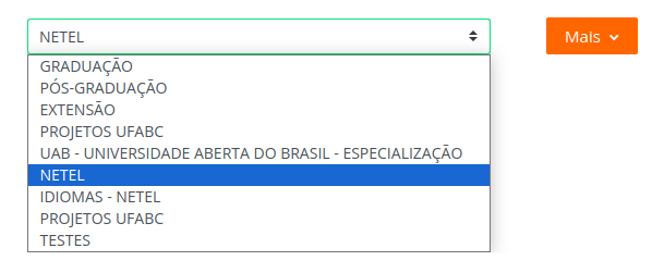 Captura de tela mostrando as categorias de curso existentes.