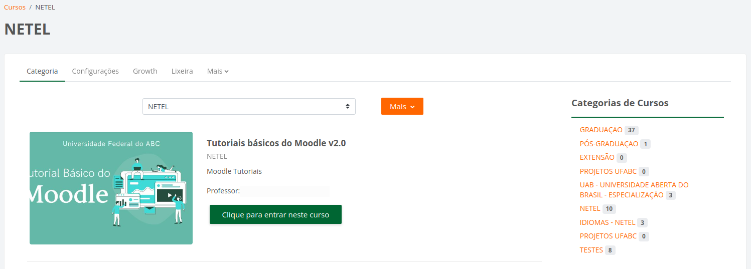 Captura de tela mostrando o curso Tutoriais básicos do Moodle dentro da categoria NETEL.