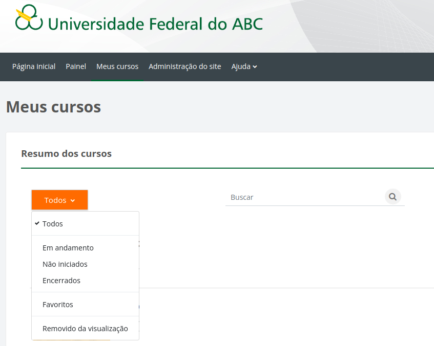 Captura de tela mostrando a opção de filtros da página meus cursos todos, em andamento, não iniciados, encerrados e favoritos