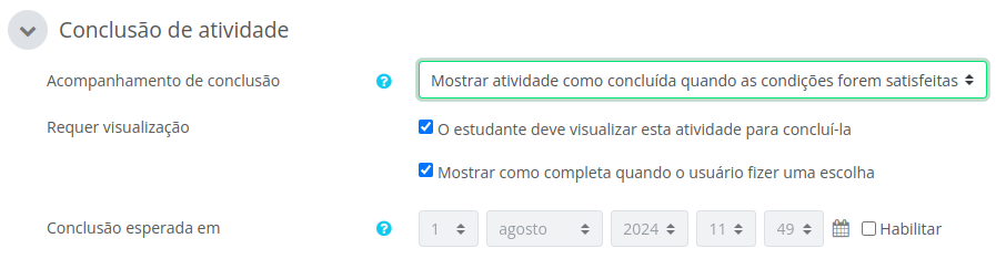 Captura de tela mostrando as opções de Conclusão de atividade de uma atividade de exemplo.