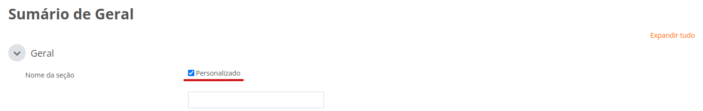Captura de tela do campo nome da seção desbloqueado para edição, por estar com a opção personalizado selecionada.