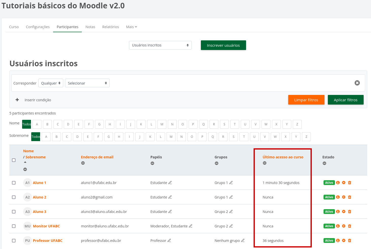 Captura de tela da área participantes, mostrando os participantes e em destaque a coluna último acesso ao curso. 