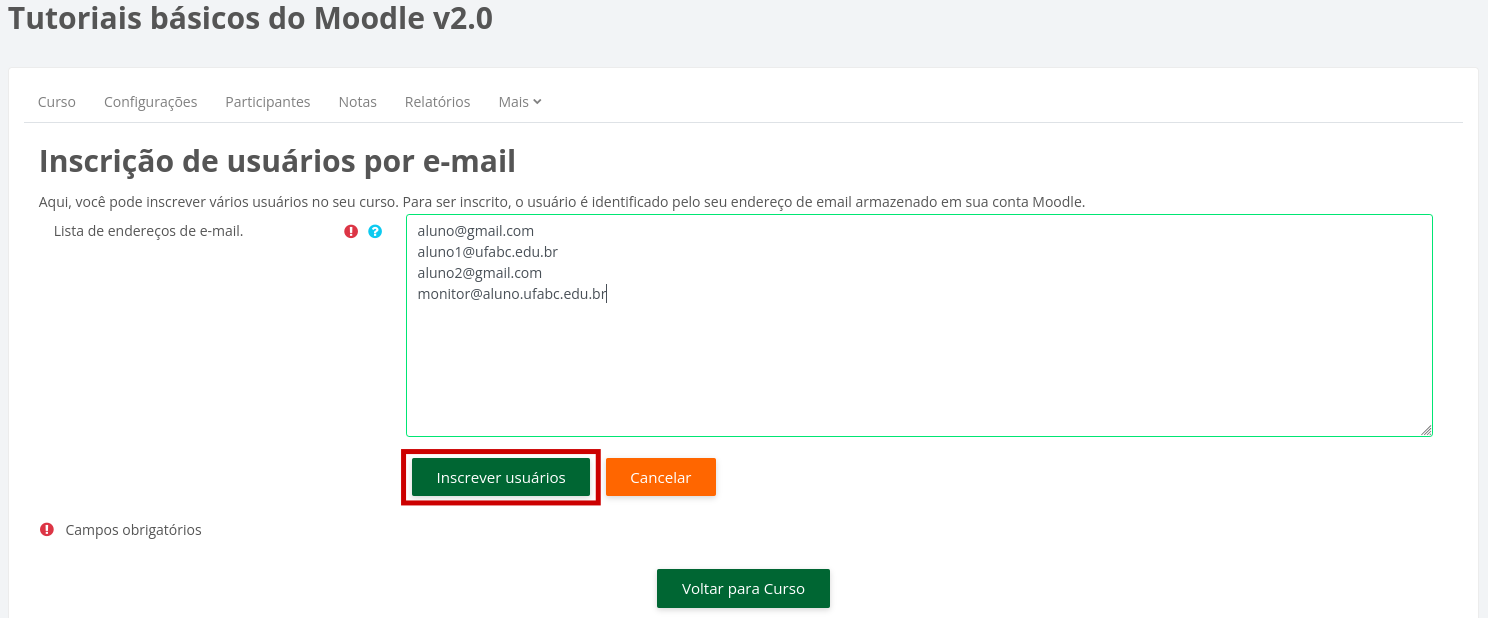 Imagem da área da inscrição de usuários por e-mail com e-mails preenchidos um por linha no campo Lista de endereços de e-mail