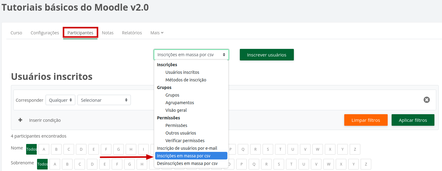 Captura de tela dá área de participantes do curso mostrando a seleção da opção inscrições em massa por csv