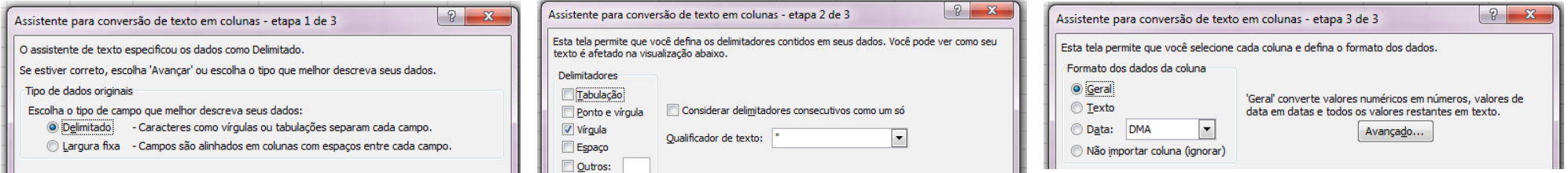 Imagem parcial de 3 etapas onde deve-se selecionar as opções na primeira tipo de campo como Delimitado, na segunda delimitadores como vírgula e na terceira formato dos dados da coluna como geral. 