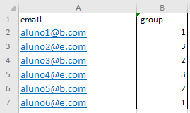 Imagem com exemplo de planilha .csv com as colunas email e group.