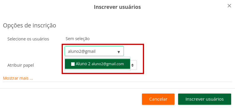 Captura de tela do campo Selecione ousuários com e-mail parcialmente preenchido e ainda sim localizando o usuário em questão.