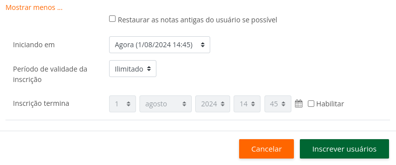 Captura de tela com as opção adicionais citadas acima habilitadas ao clicar em Mostrar mais