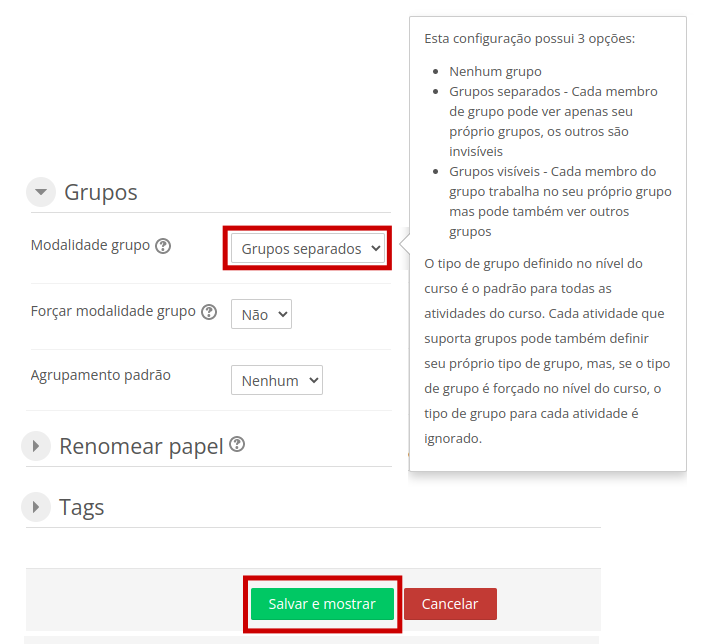 Captura de tela do campo Modalidade de Grupo, e da explicação das opções. Esta configuração possui 3 opções: * Nenhum grupo * Grupos separados - Cada membro de grupo pode ver apenas seu próprio grupo, os outros são invisíveis * Grupos visíveis - Cada membro do grupo trabalha no seu próprio grupo mas pode também ver outros grupos O tipo de grupo definido no nível do curso é o padrão para todas as atividades do curso. Cada atividade que suporta grupos pode também definir seu próprio tipo de grupo, mas, se o tipo de grupo é forçado no nível do curso, o tipo de grupo para cada atividade é Ignorado.