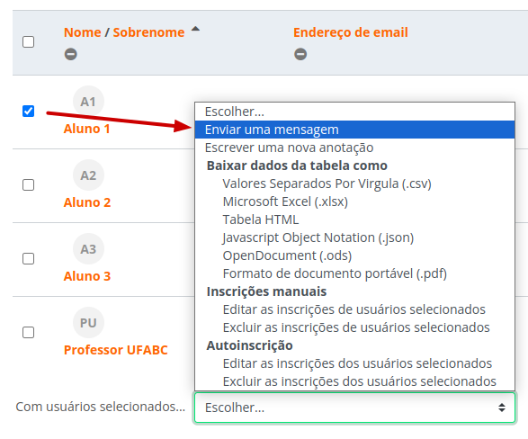 Imagem com um aluno selecionado as opções do menu com os usuários selecionados... e a opção enviar uma mensagem selecionada