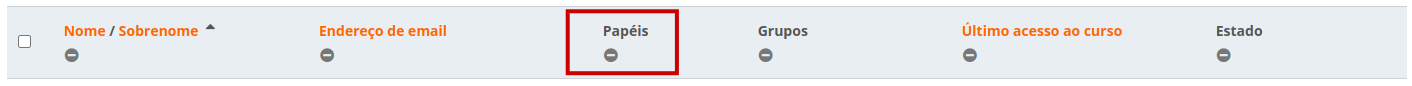 Imagem mostrando as colunas nome, e-mail, papéis, grupos, último acesso ao curso e estado.