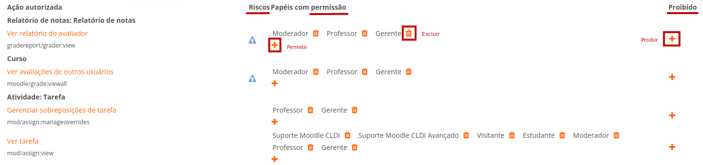 Exemplo de ação autorizada, ver tarefa, com as permissões e riscos conforme descritos acima