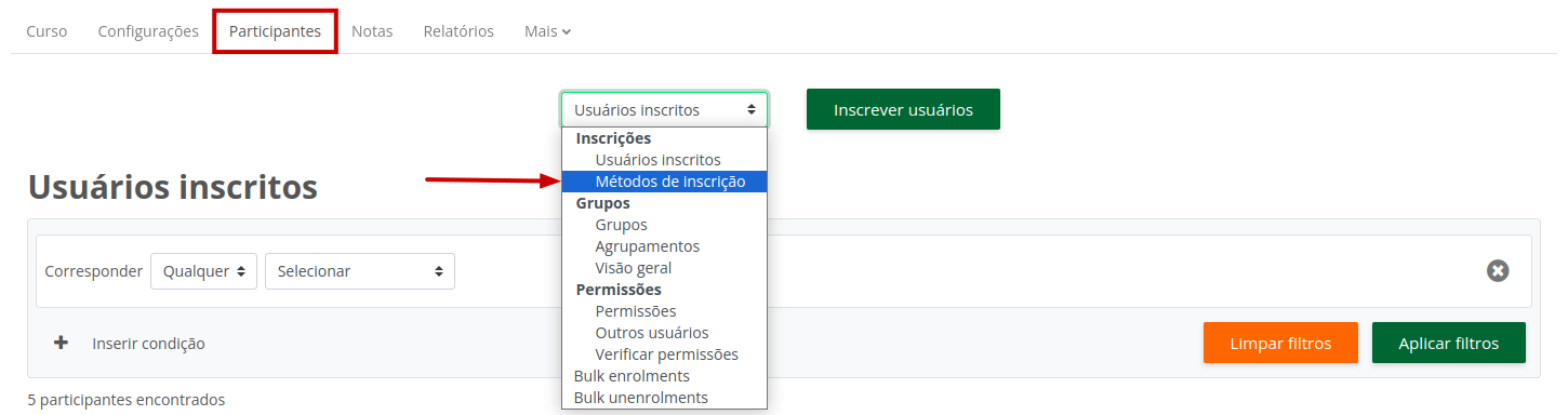 imagem área de participantes do curso mostrando a caixa de seleção descrita acima