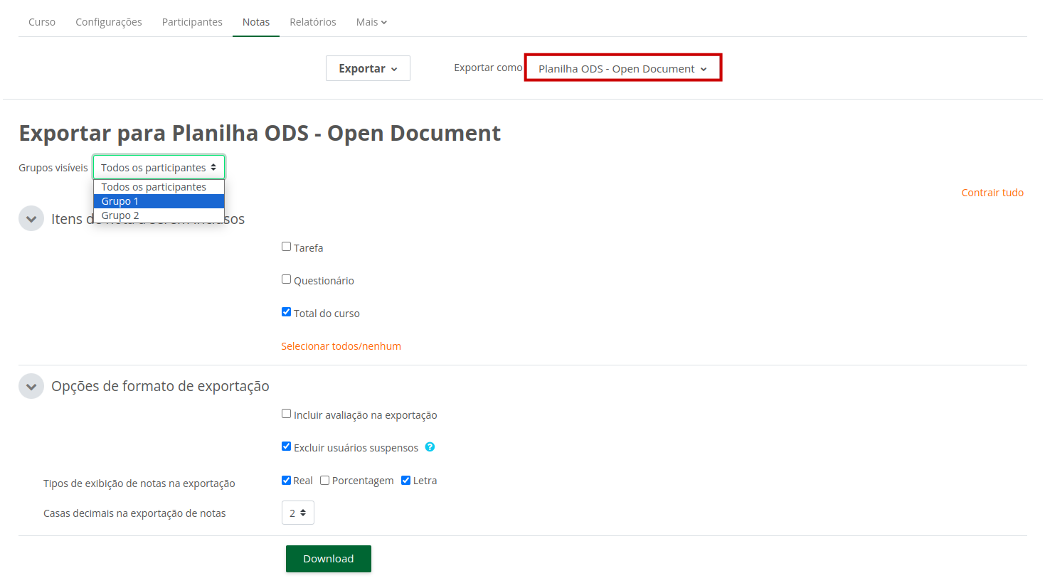 Captura de tela demonstrando o procedimento acima e mostrando o campo Grupos que poderá ser selecionado para exportar somente as notas de determinados grupos.