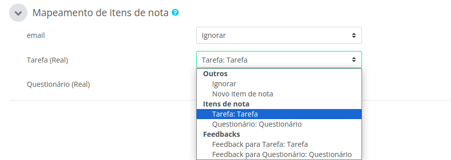 Captura de tela demonstrando o procedimento acima. Associando as colunas aos itens de nota desejados.