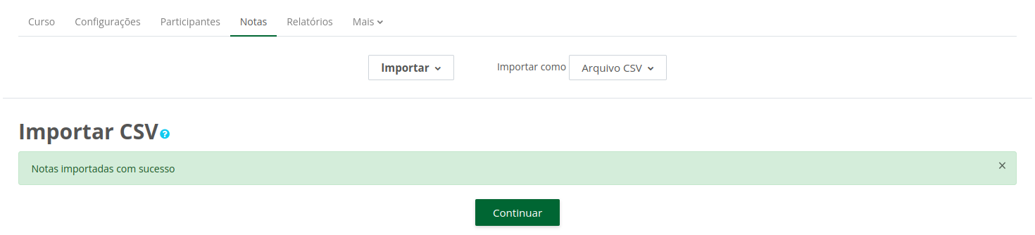 Captura de tela demonstrando o procedimento acima, processo de importação das notas concluído.