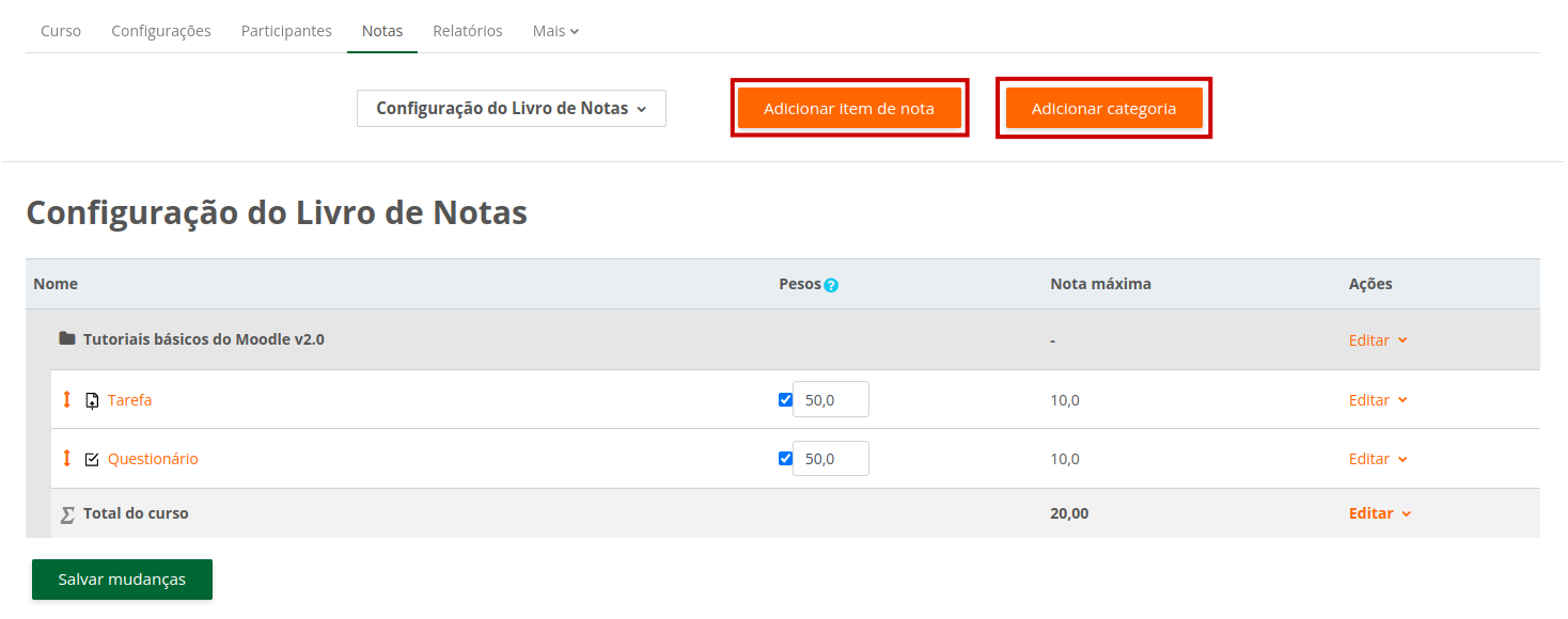 Imagem da área de configuração do livro de notas com os botões Adicionar Item de Notas e Adicionar Categoria.