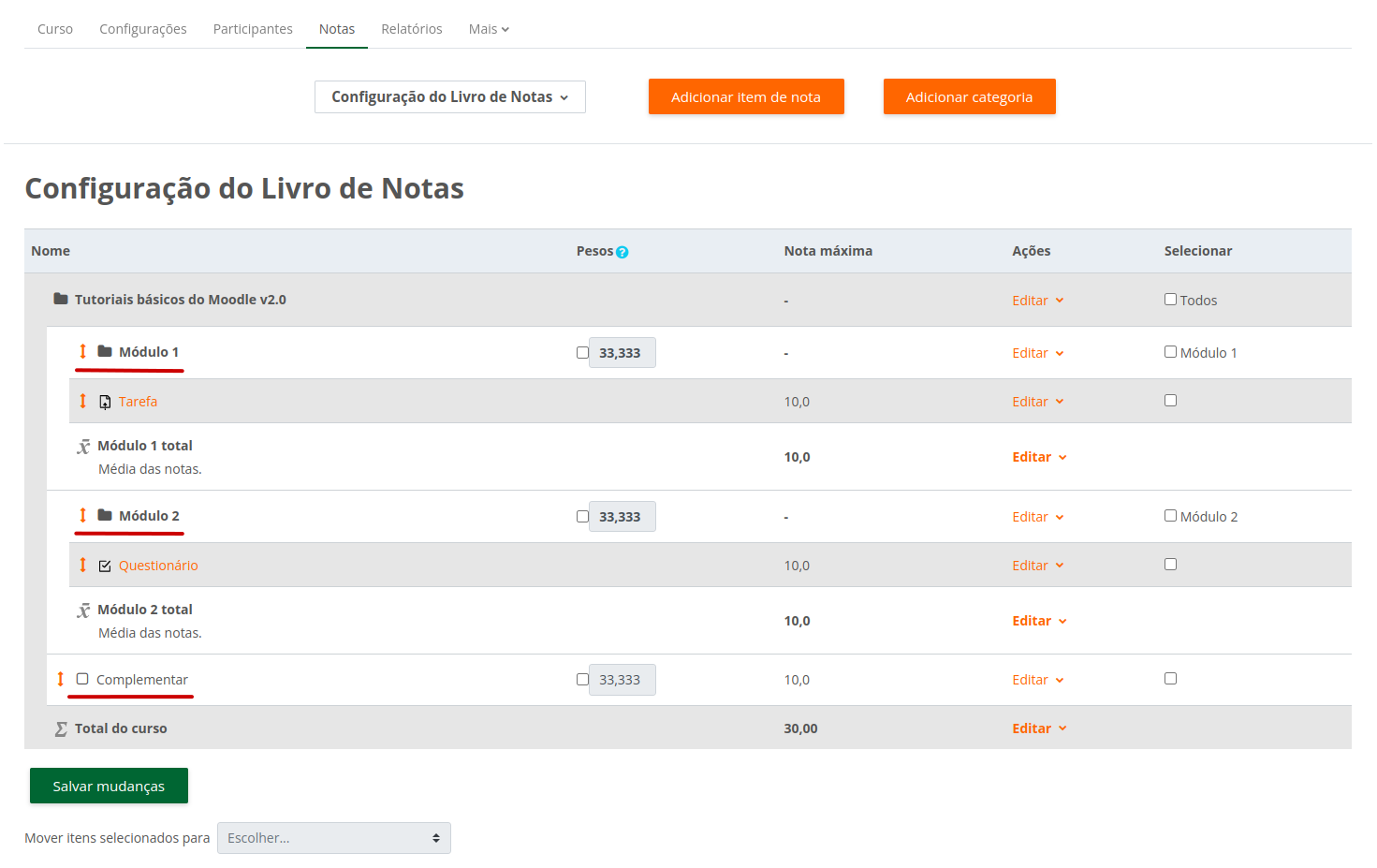 Captura de tela demonstrando um exemplo de relatório de notas com os itens e categorias criados e reposicionados.