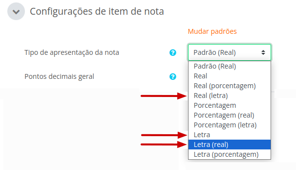 Captura de tela demonstrando os tipos de apresentação da nota com destaque para as citadas acima. 