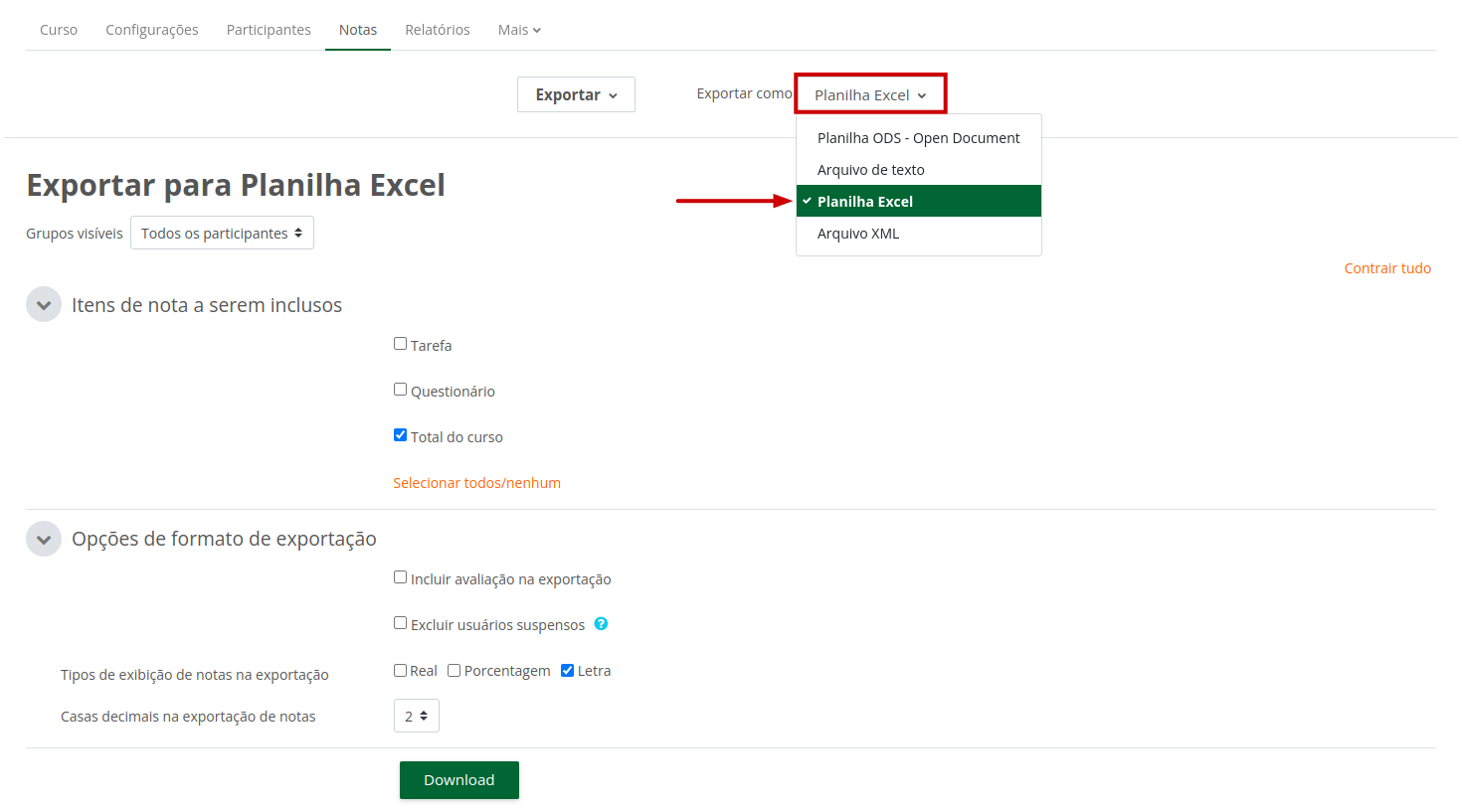 Captura de tela demonstrando o procedimento acima com os itens de nota que podem ser exportados.