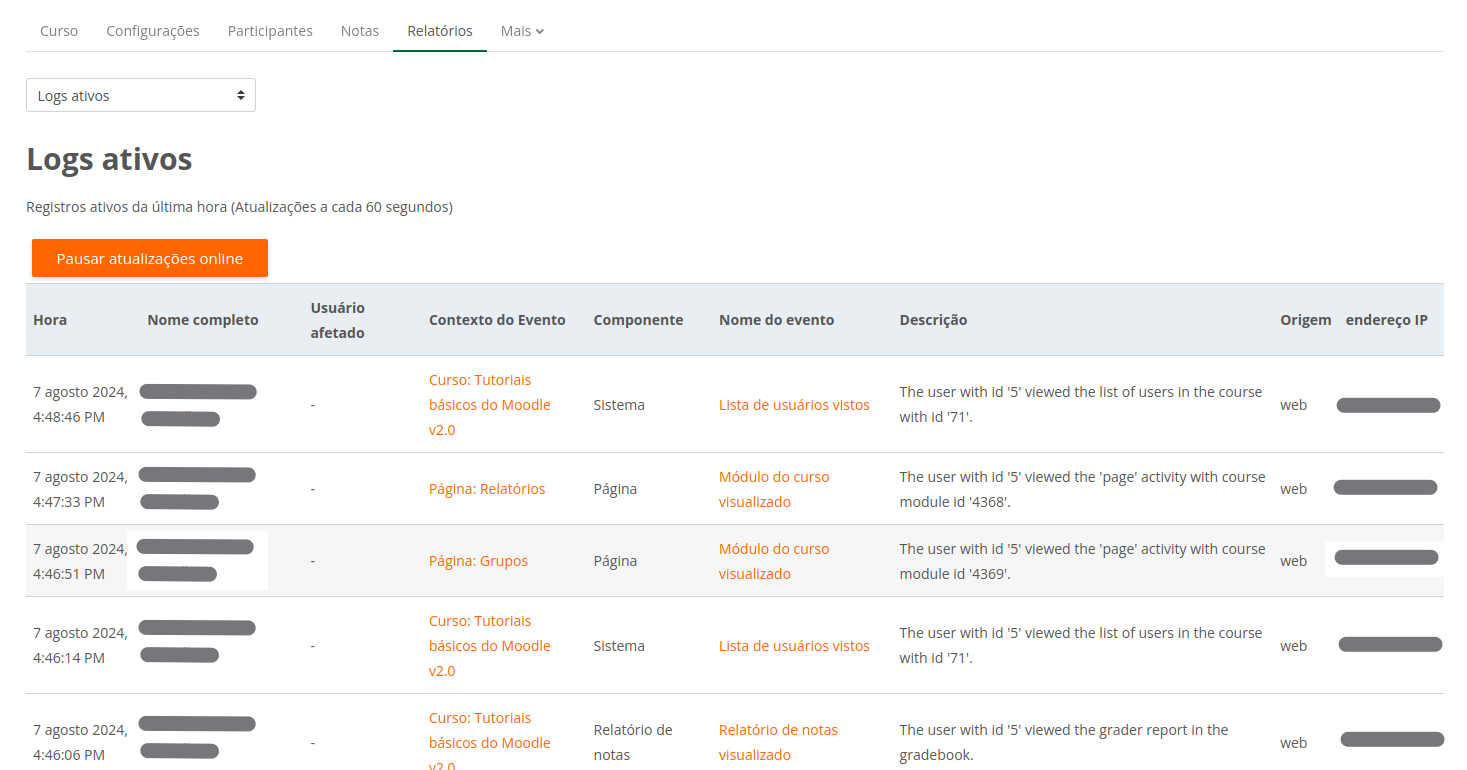 Captura de tela demonstrando o relatório de logs ativos conforme descrito acima.