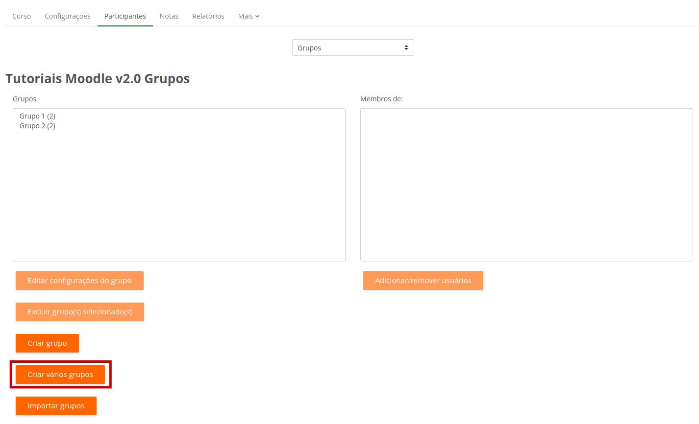 Captura de tela demonstrando a opção criar vários grupos descrita acima.