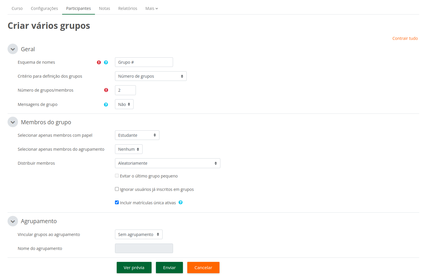 Captura de tela mostrando todas as opções de configuração da opção Criar vários grupos. 