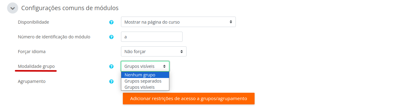 imagem da área configurações comuns de módulos com destaque para o campo modalidade de grupo