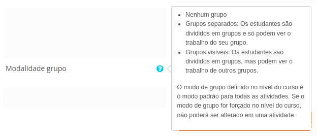 Informações referentes aos tipos de grupo que aparece ao clicar no ícone da interrogação ao lado direito do nome do campo Modalidade grupo.