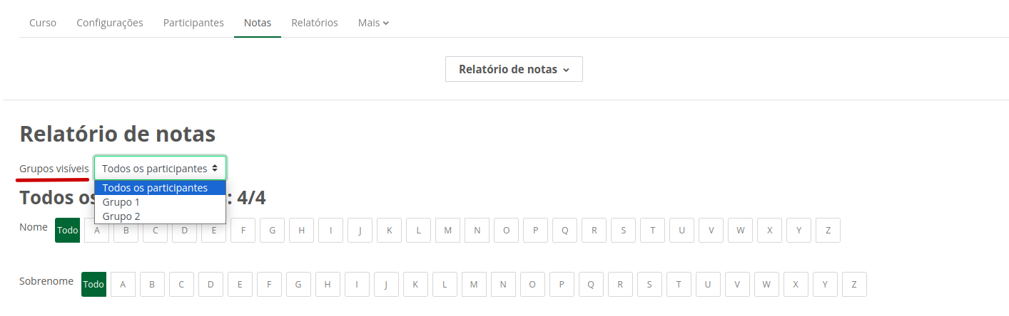 Captura de tela mostrando o relatório de notas com as opções de visualização por grupos visíveis.