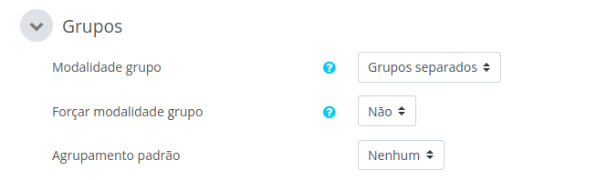 imagem da área grupos com as opções de modalidade, forçar modalidade e agrupamento padrão