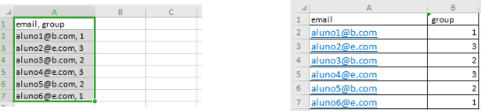 Captura de tela com exemplos da planilha com as colunas email e grupo dos alunos. 