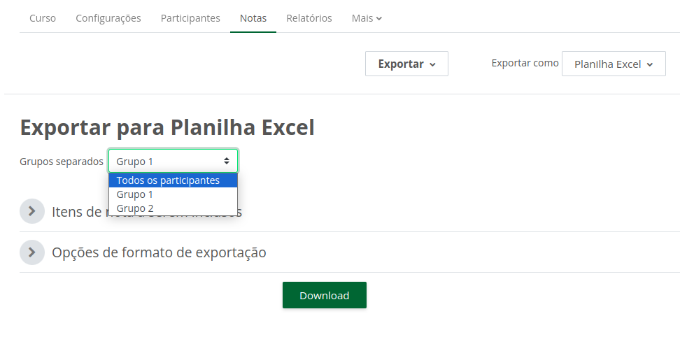 Captura de tela das opções de exportação de notas, com a opção de visualização por grupos.