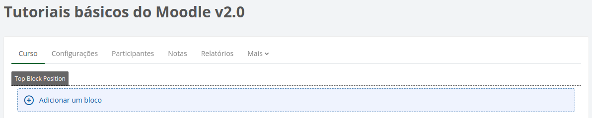 Captura de tela mostrando a opção Adicionar um bloco no inicio da página do curso.