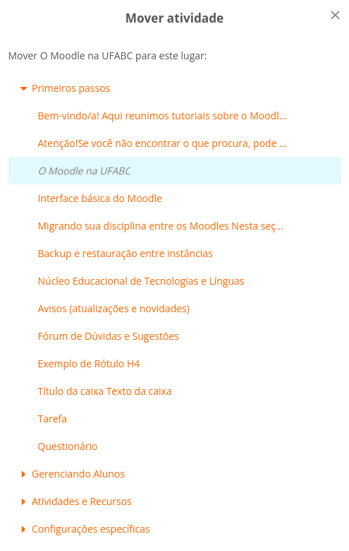 imagem mostrando a lista de recursos/atividades do curso