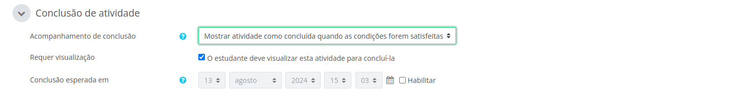 Captura de tela com exemplo das configurações de conclusão de atividade do tipo página conforme sugerido acima.