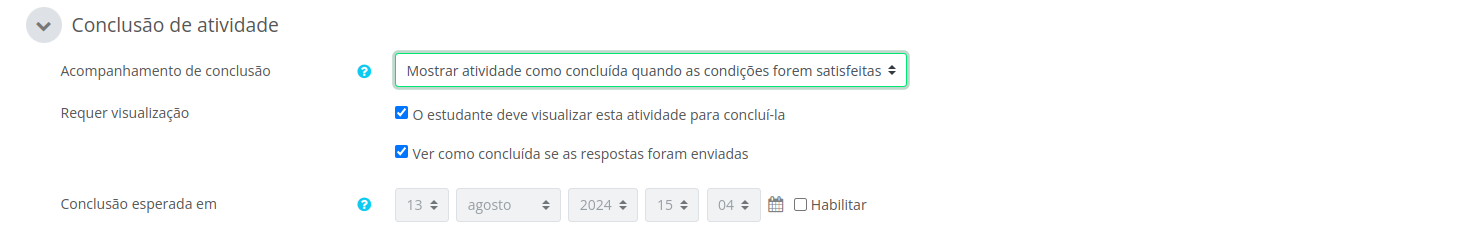 Captura de tela com exemplo das configurações de conclusão de atividade do tipo tarefa pesquisa (enquete) conforme sugerido.