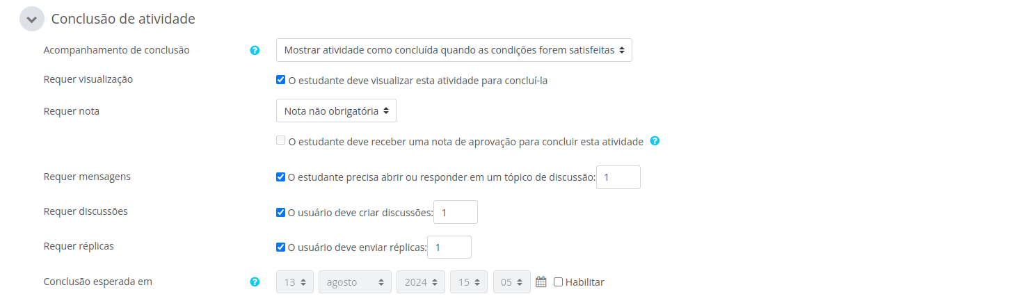 Captura de tela com exemplo das configurações de conclusão de atividade do tipo fórum conforme sugerido acima.