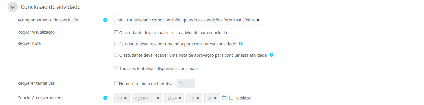 Captura de tela com exemplo das configurações de conclusão de atividade do tipo questionário.