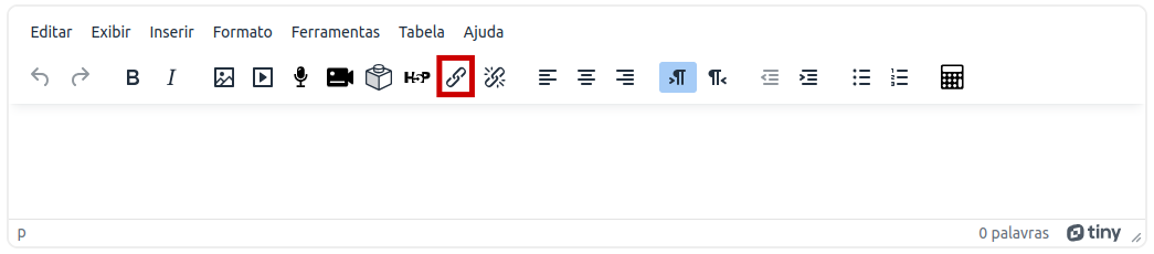 Captura de tela mostrando o ícone de link (corrente) na barra de ferramentas do editor de texto.