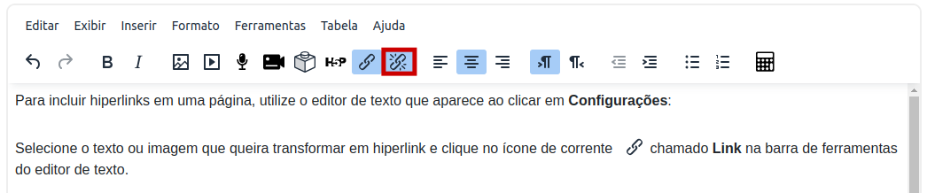 Captura de tela mostrando o ícone de remover link na barra de ferramentas do editor de texto.