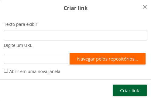 Imagem da caixa criar link, com os campos acima mencionados.