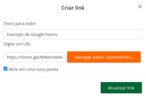 Imagem da caixa criar link passível de alteração