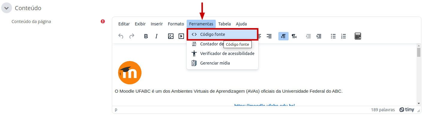 Captura de tela de uma área de edição de conteúdo mostrando o ícone < > para acesso da edição por HTML.